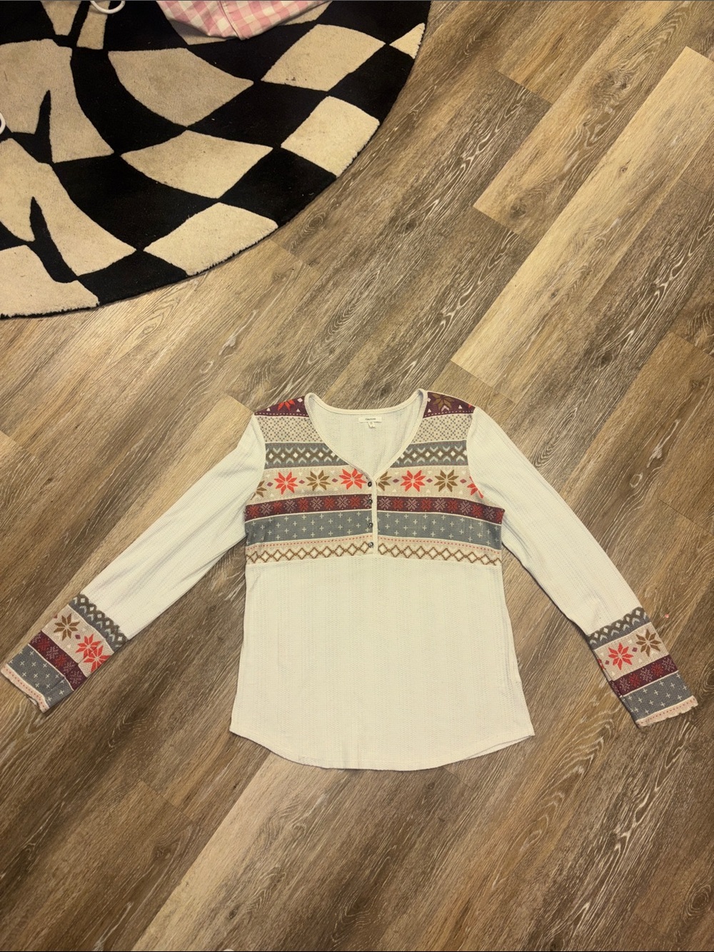 Maurices Cream Long-Sleeve Henley with Multicolor Fair Isle Bands